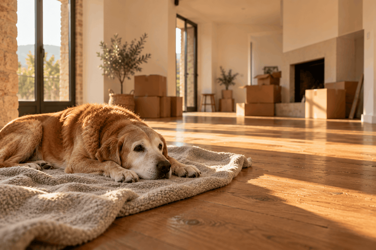 Un perro mayor en casa nueva no tiene prisa. Respeta su ritmo cuando cambias de vida