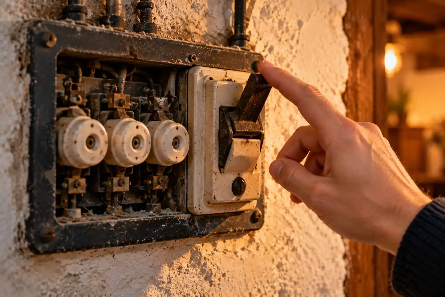 Cuadro eléctrico antiguo con fusibles de cerámica sobre una pared encalada de casa de pueblo