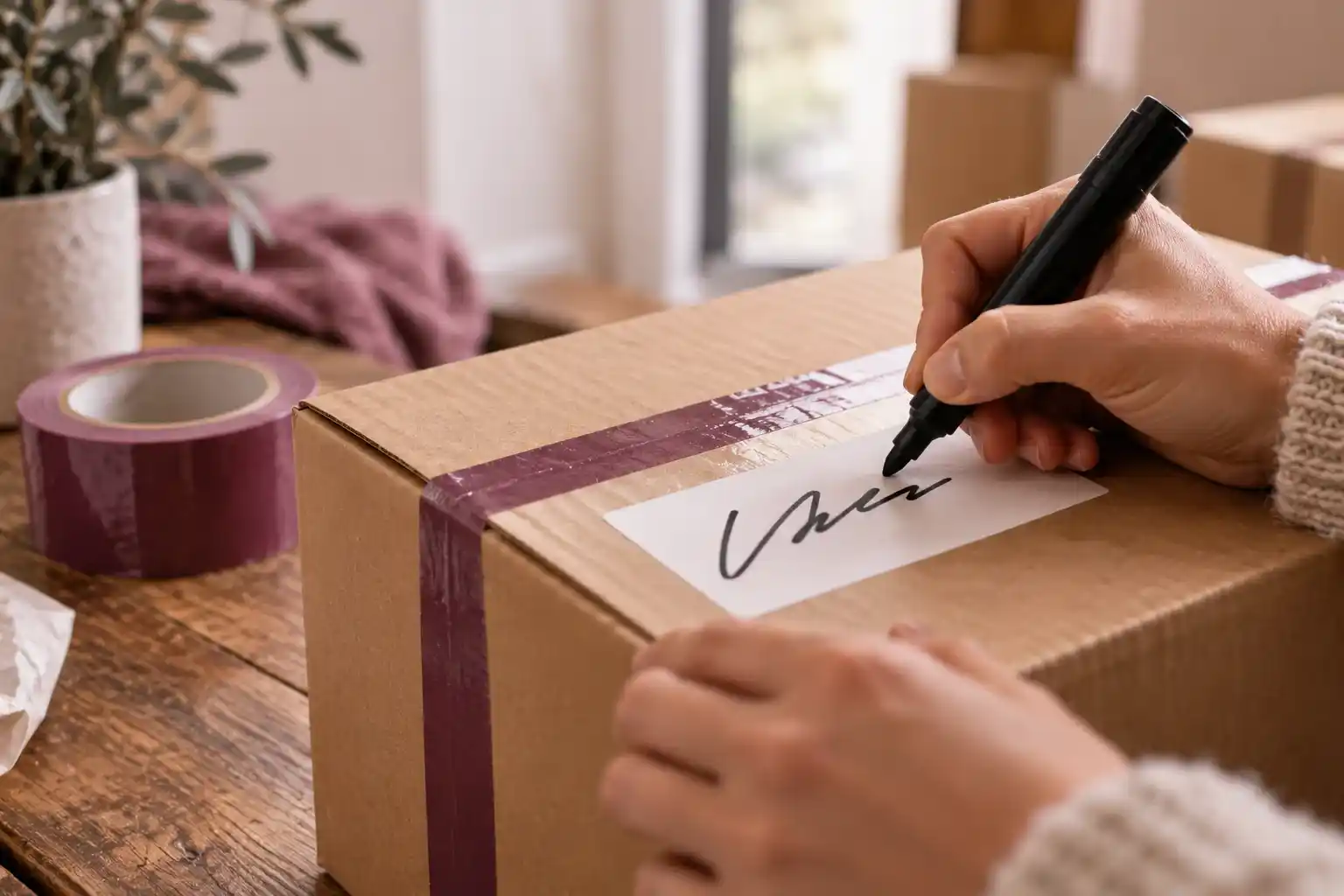 Compartir camión al emigrar: rotulador escribiendo un nombre sobre una caja de cartón con cinta de colores