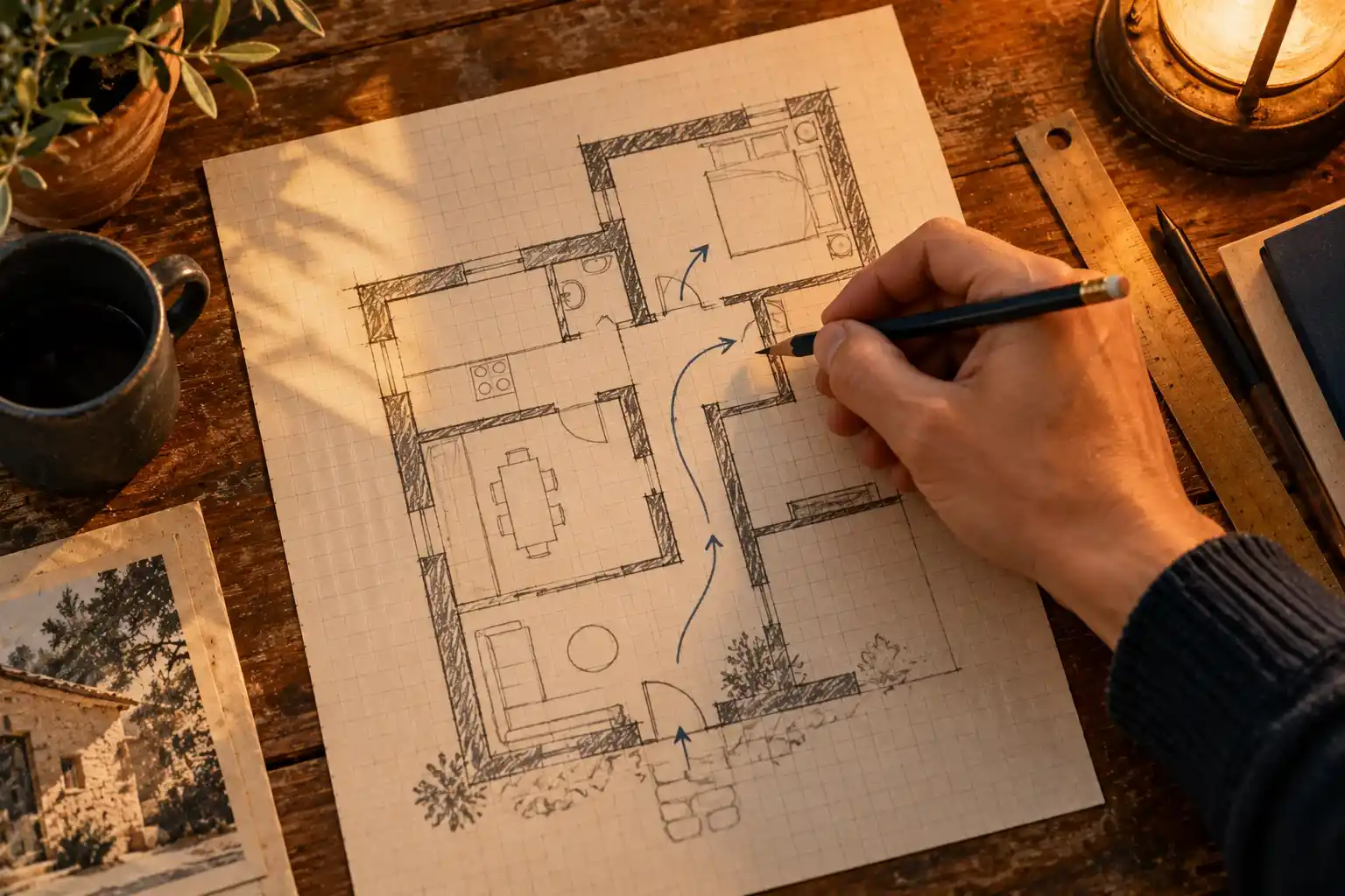 Mano dibujando a lápiz el croquis de una casa con las medidas de cada puerta
