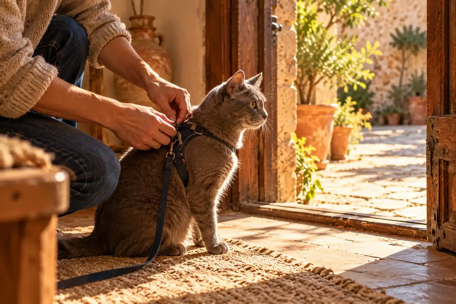 Manos ajustando un arnés a un gato gris junto a la puerta abierta de un patio