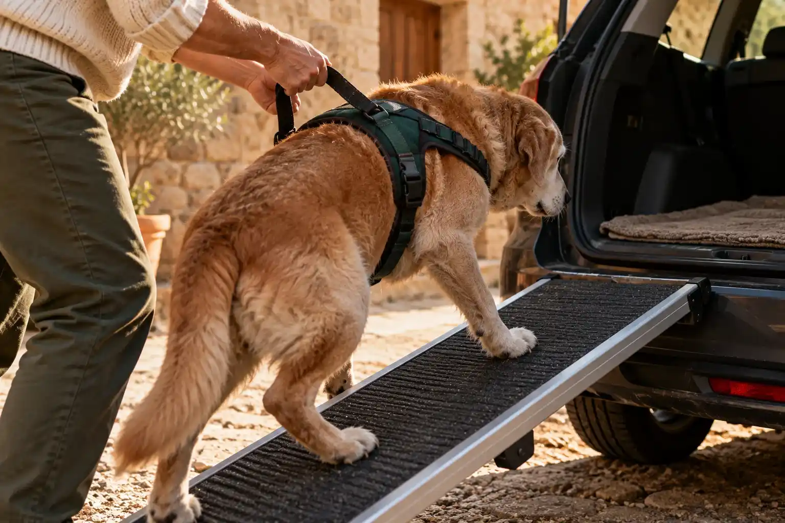 Manos guiando con un arnés con asa a un perro mayor por una rampa hacia el maletero de un coche
