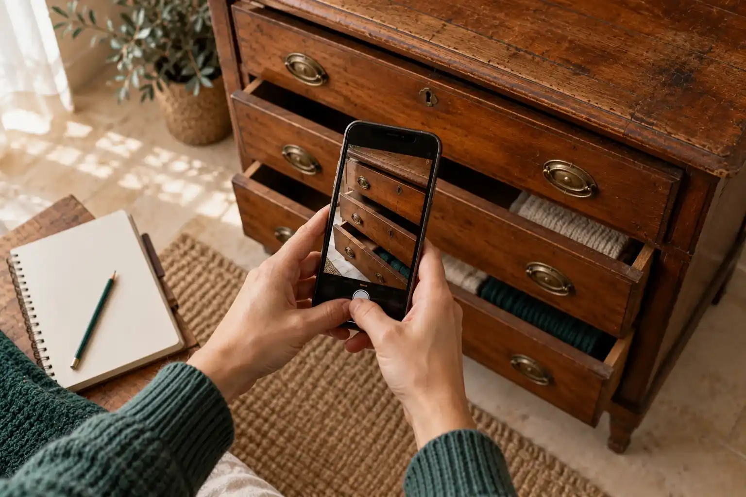 Muebles antiguos heredados: manos fotografiando con el móvil una cómoda de madera antes del traslado