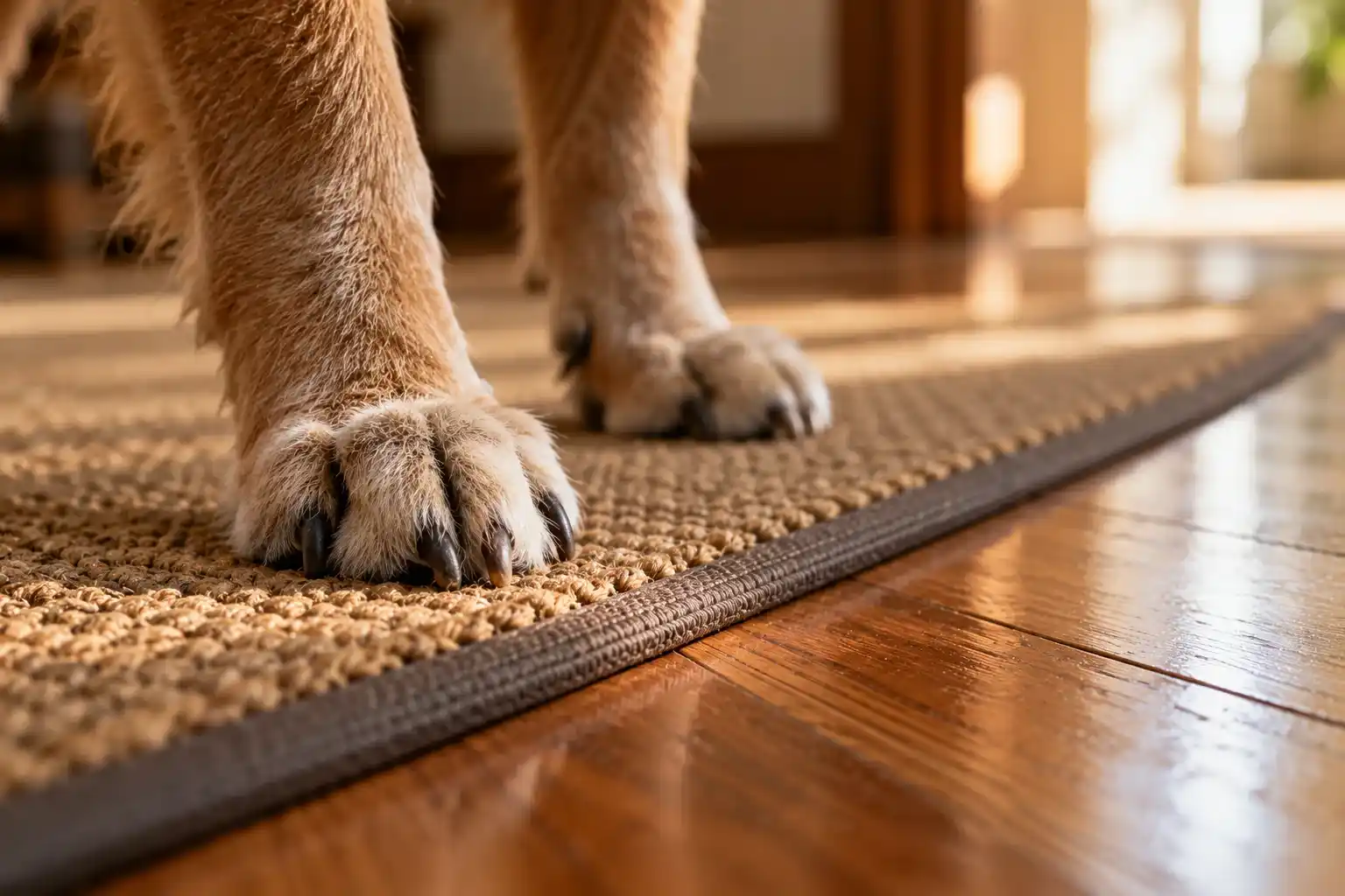 Perro mayor en casa nueva: patas de un perro canoso sobre una alfombra antideslizante en un suelo pulido