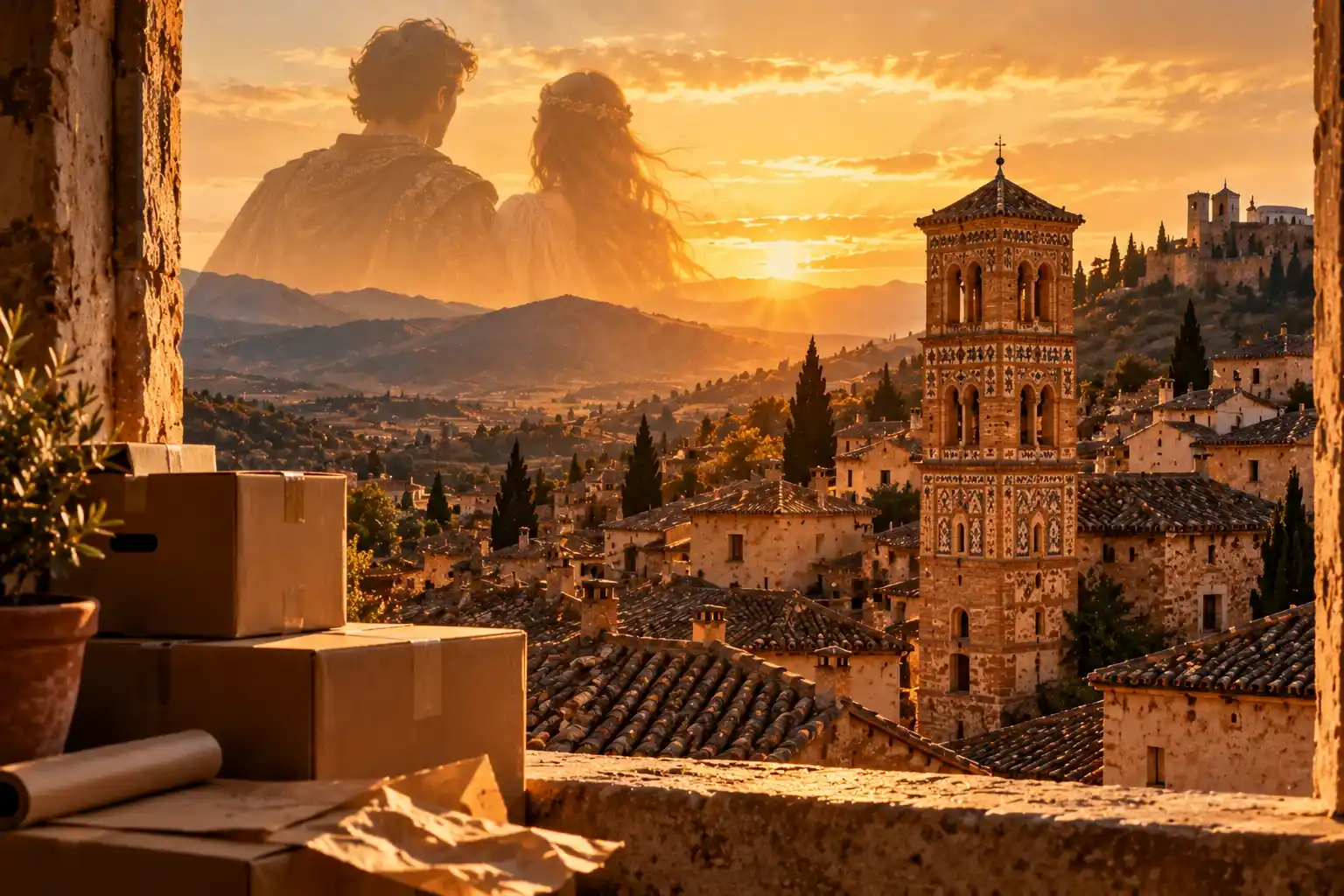 Cajas de mudanza ante una torre mudéjar y la silueta de los Amantes de Teruel